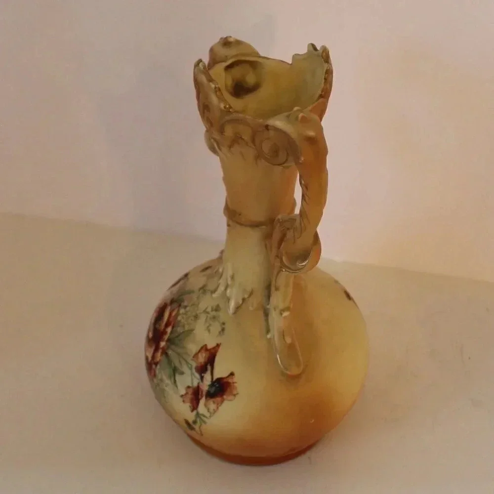 Vtg  1965 Porcelain Victorian Double Handle Trophy Vase W/ Flowers  & Gold Trim